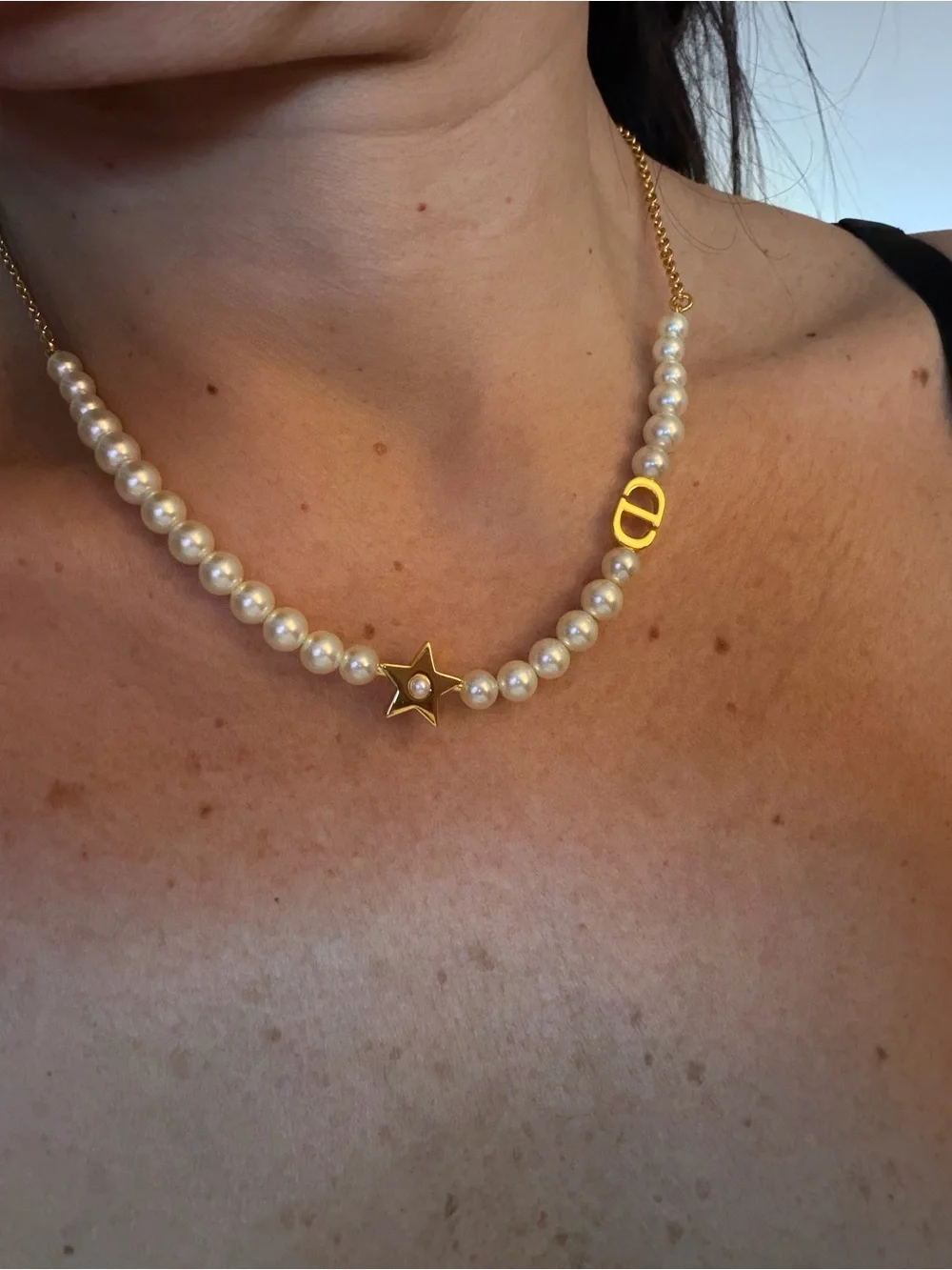 Dior Pearl Necklace with Gold Star and Chain